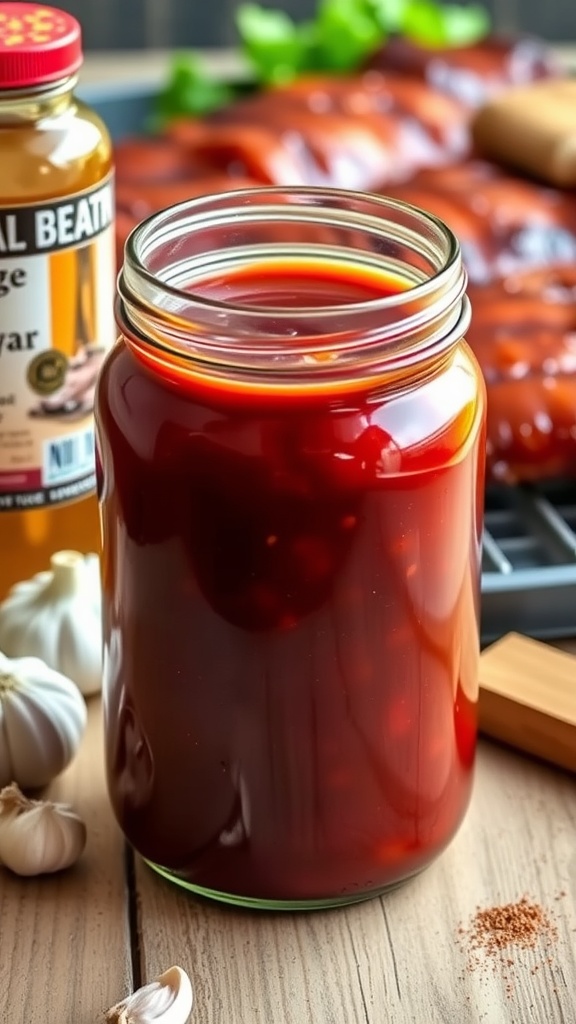 A jar of homemade barbecue sauce with surrounding ingredients like garlic and spices, perfect for grilling.
